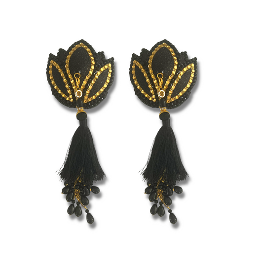 LOLITAS LUST Black and Gold Lotus Design Glitter & Gem, Nipple Cover (2pcs) Pasties w/Removable Tassels for Lingerie Carnival Burlesque Rave