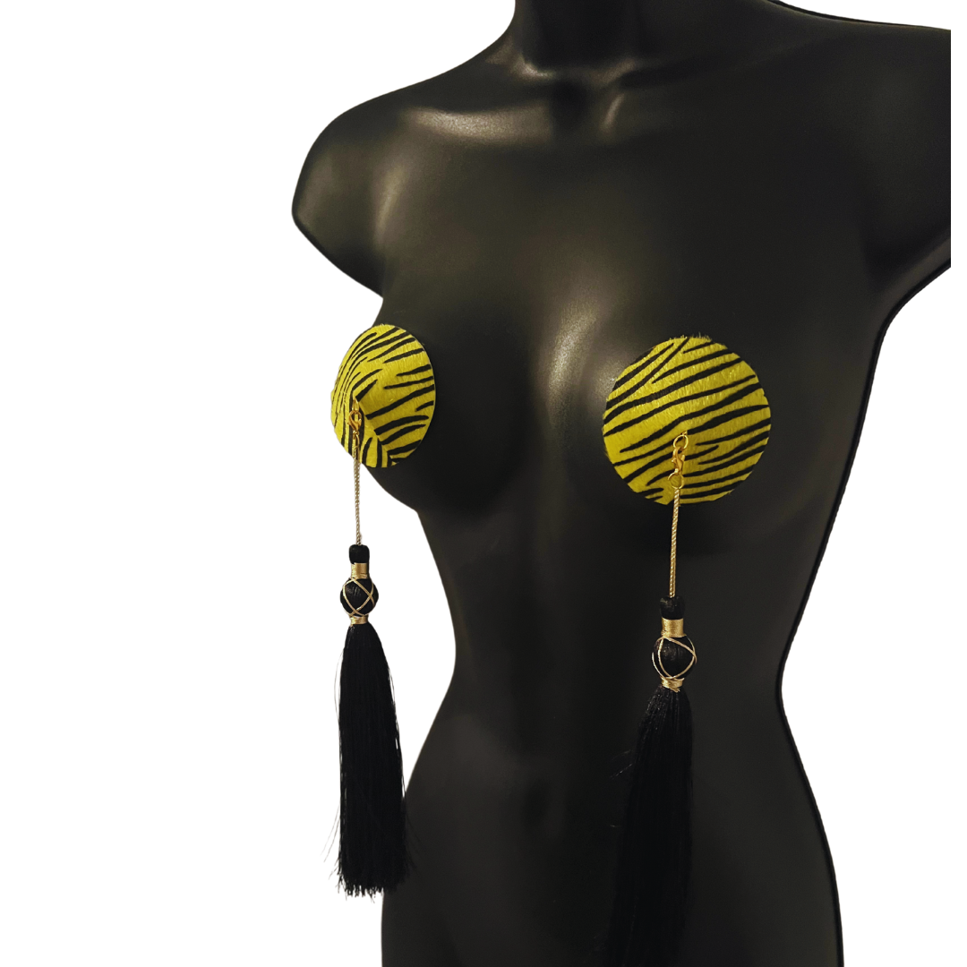 BORN TO Be WILD Yellow faux Fur, black stripe Nipple Pasty, Nipple Cover (2pcs) with Removable Tassels