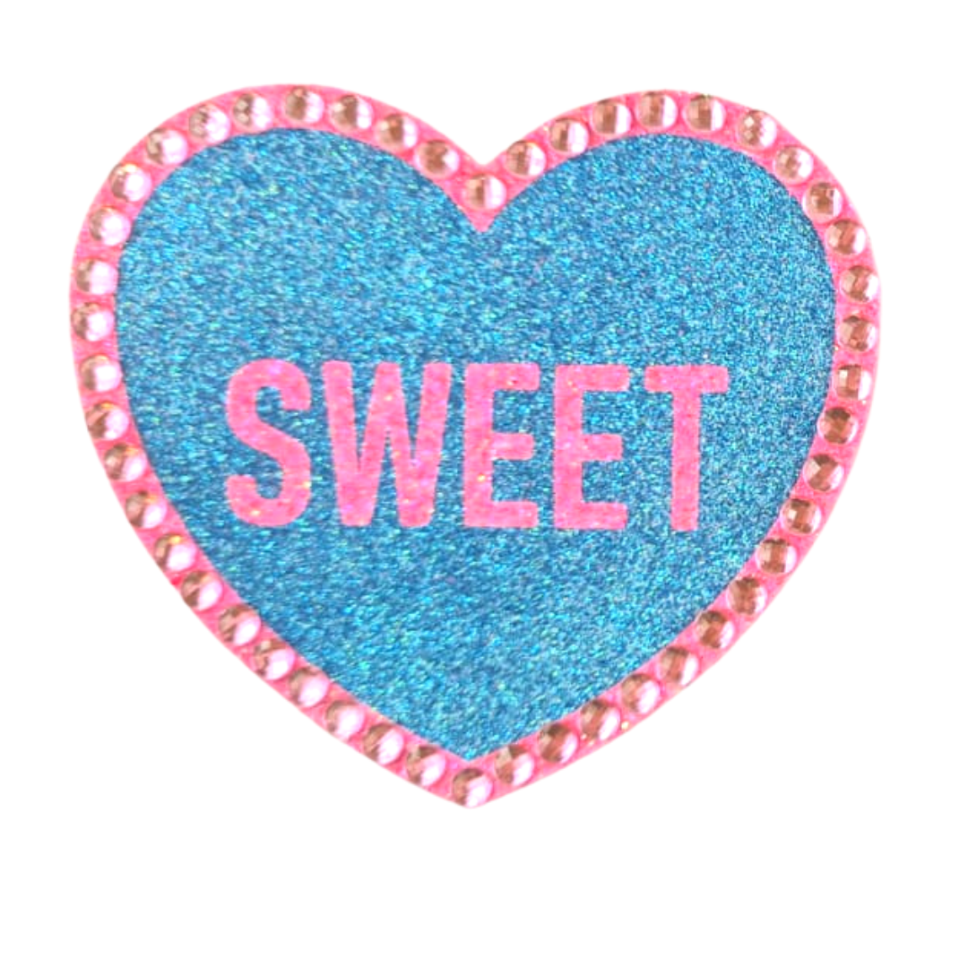 LABELS Glitter & Crystal Heart Shaped Nipple Pasties, Covers (2pcs) with Titles for Burlesque Raves Lingerie Carnival