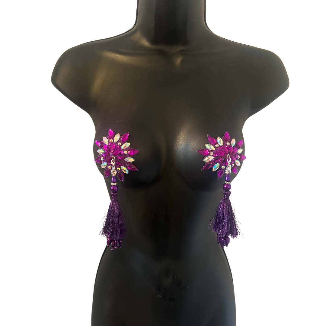 PURPLE REIGN Purple and Iridescent Star Gem Nipple Pasties, Pasty (2pcs) with Tassels