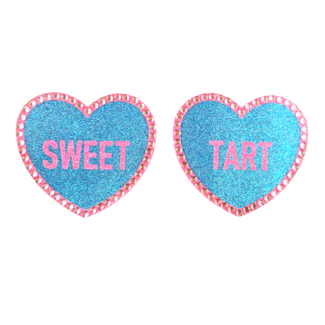 SWEET TART - Glitter & Crystal Heart Shaped Nipple Pasties, Covers (2pcs) with Titles for Burlesque Raves Lingerie Carnival