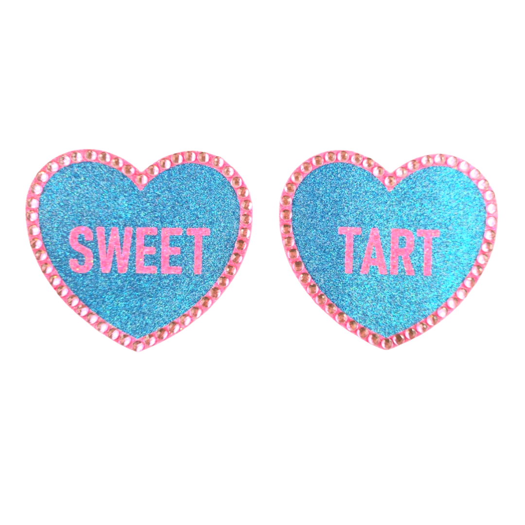Queen Bee – Glitter & Crystal Heart Shaped Nipple Pasties, Covers (2pcs) with Titles for Burlesque Raves Lingerie Carnival