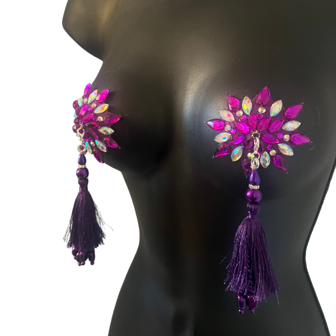 PURPLE REIGN Purple and Iridescent Star Gem Nipple Pasties, Pasty (2pcs) with Tassels