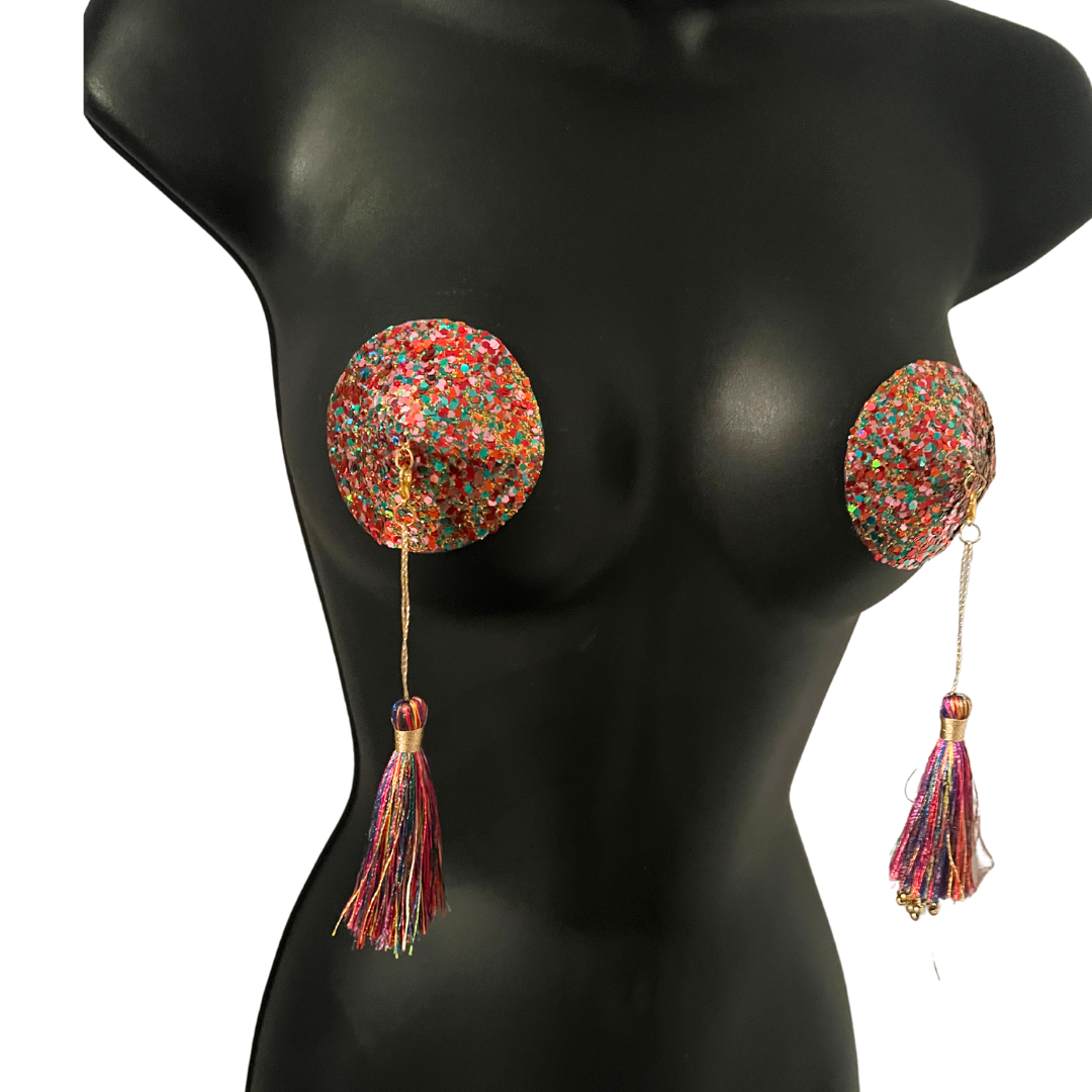 JUBILEE Multicoulor Glitter Circle or Heart Nipple Pasty, Nipple Cover (2pcs) with Removable Tassels