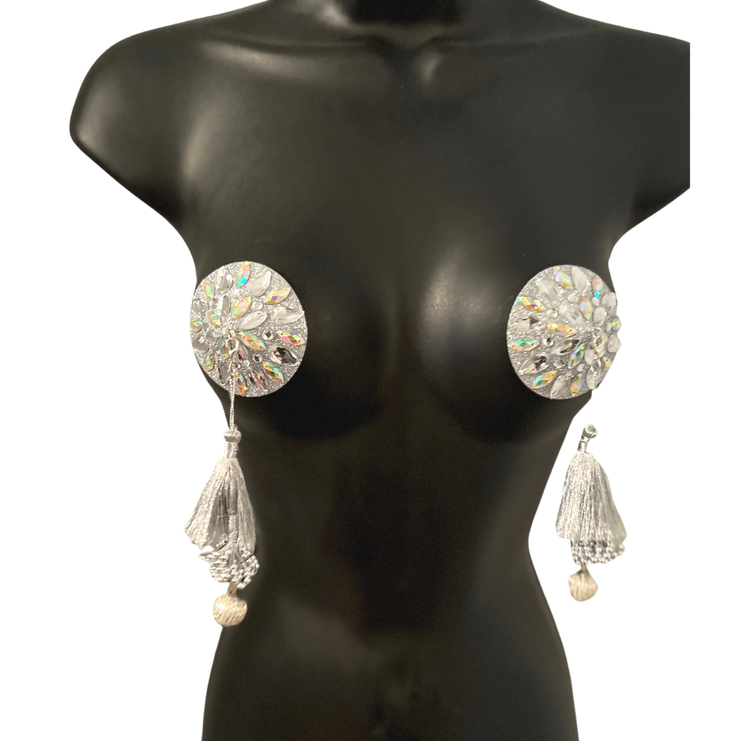 GIGI ROYALE Glitter & Crystal Intricate Nipple Pasties, Covers - 5 Colours available -  (2pcs) with Removable Tassels for Burlesque Raves Lingerie Carnival
