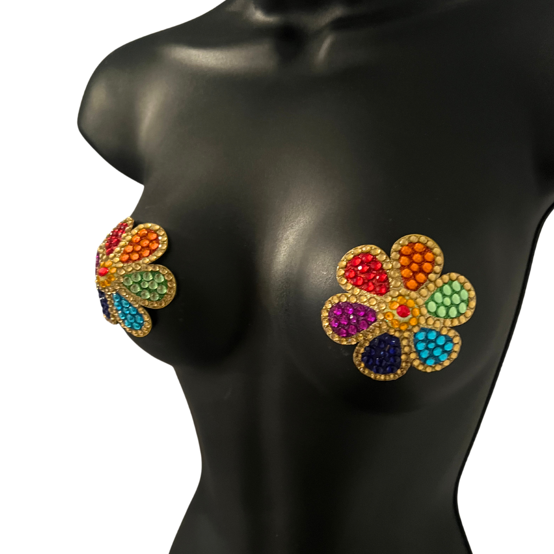 FLOWER POWER Rainbow and Gold Gem Flower Nipple Pasties, Pasty (2pcs) for Burlesque Pride Festivals Lingerie and More