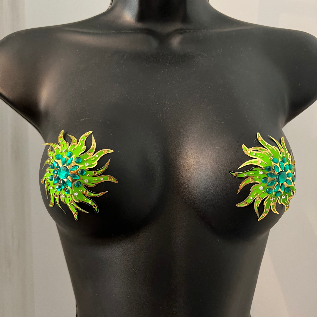 RACY STACY Lámina con diseño intrincado de cristal Pasties de pezones dorados, Cubiertas para festivales, Lencería burlesca Carnival Raves