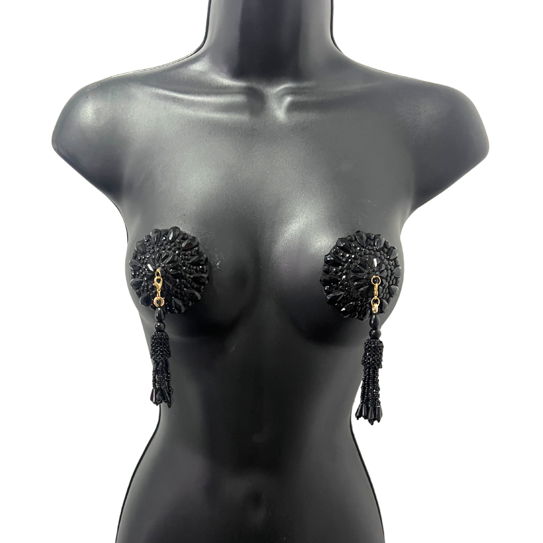 BLACK BEAUTY Glitter, Gem Design with Handbeaded Crystal Tassels Pasties Nipple Covers (2pcs)