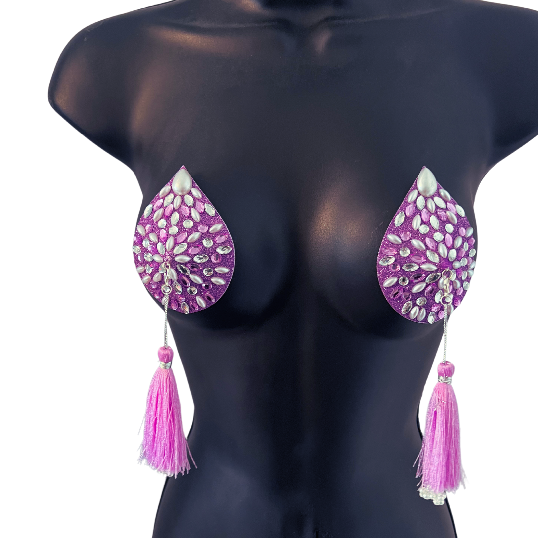 BELLA BIJOU Lavender Teardrop Gem & Pearl Nipple Pasties, Pasty (2pcs) with RemovableTassels (2pcs)