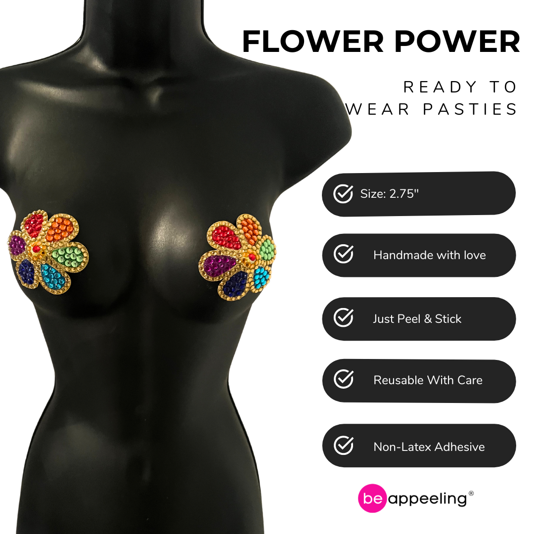 FLOWER POWER Rainbow and Gold Gem Flower Nipple Pasties, Pasty (2pcs) for Burlesque Pride Festivals Lingerie and More