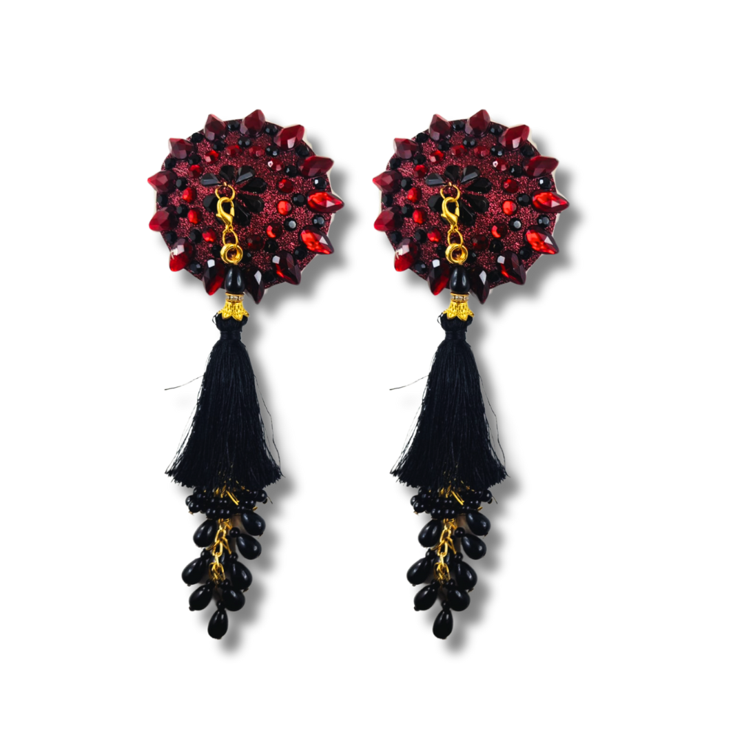 POUSSÉ CAFÉ Cherry Red and Black Crystal Nipple Pasty, Nipple Cover (2pcs) with Beaded Tassels