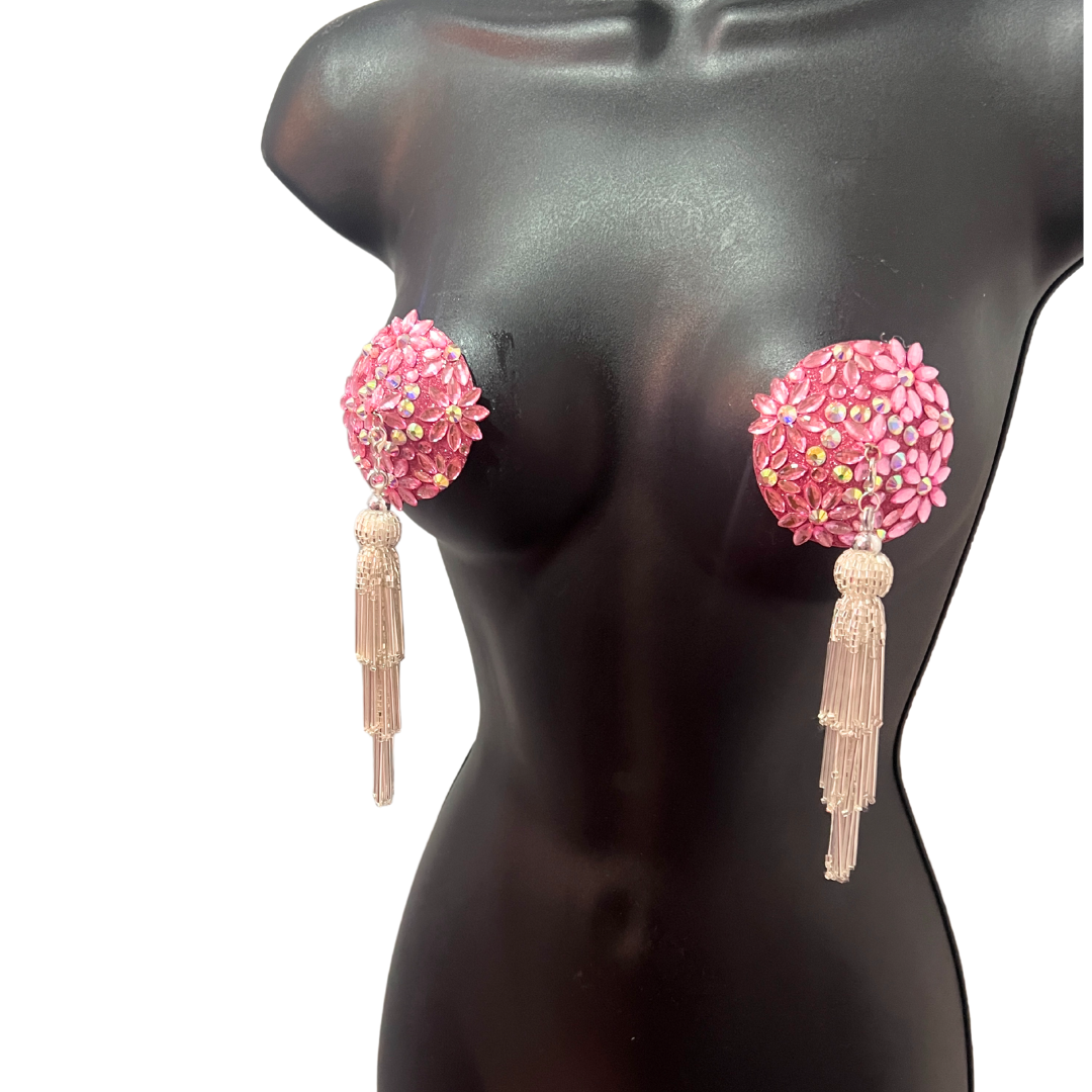 FLORAL FANTASY Silver Gems and AB Gems Nipple Pasty, Covers (2pcs) with Hand beaded Beaded Removable Chandelier Tassels