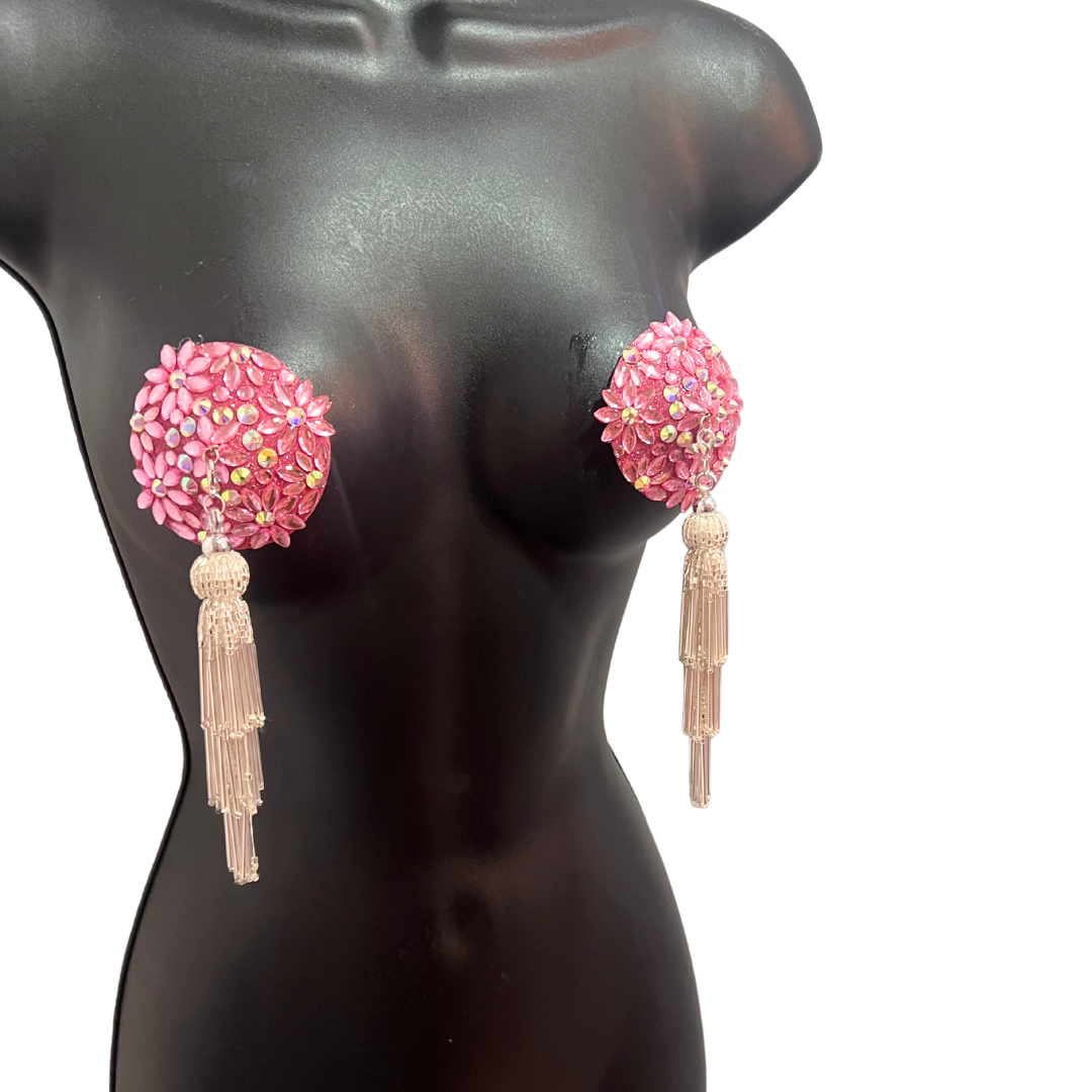 FLORAL FANTASY Silver Gems and AB Gems Nipple Pasty, Covers (2pcs) with Hand beaded Beaded Removable Chandelier Tassels