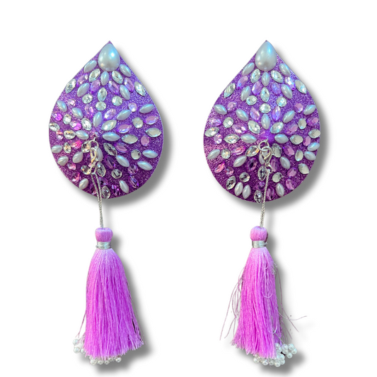 BELLA BIJOU Lavender or Aqua Teardrop Gem & Pearl Nipple Pasties, Pasty (2pcs) with RemovableTassels (2pcs)