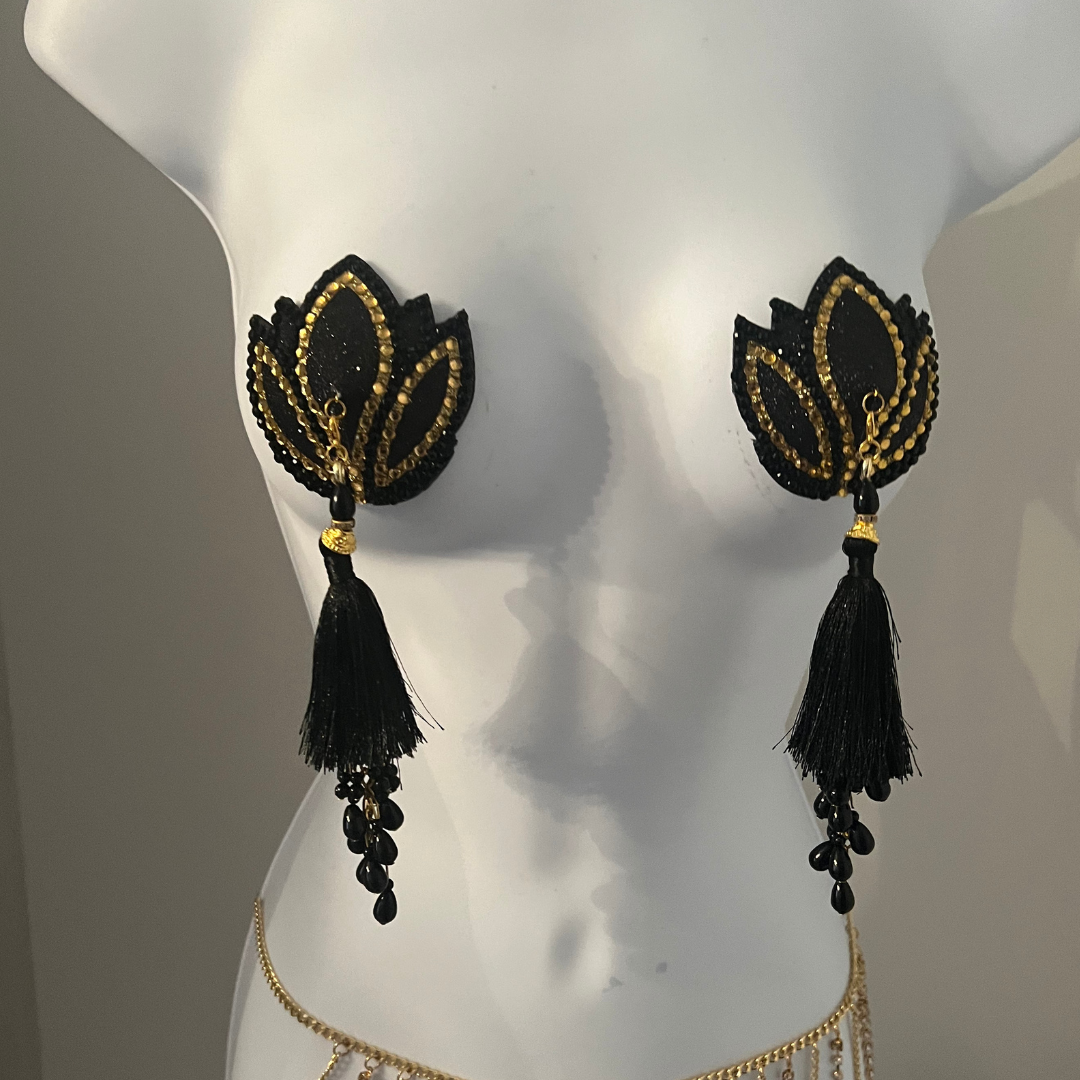 LOLITAS LUST Black and Gold Lotus Design Glitter & Gem, Nipple Cover (2pcs) Pasties w/Removable Tassels for Lingerie Carnival Burlesque Rave