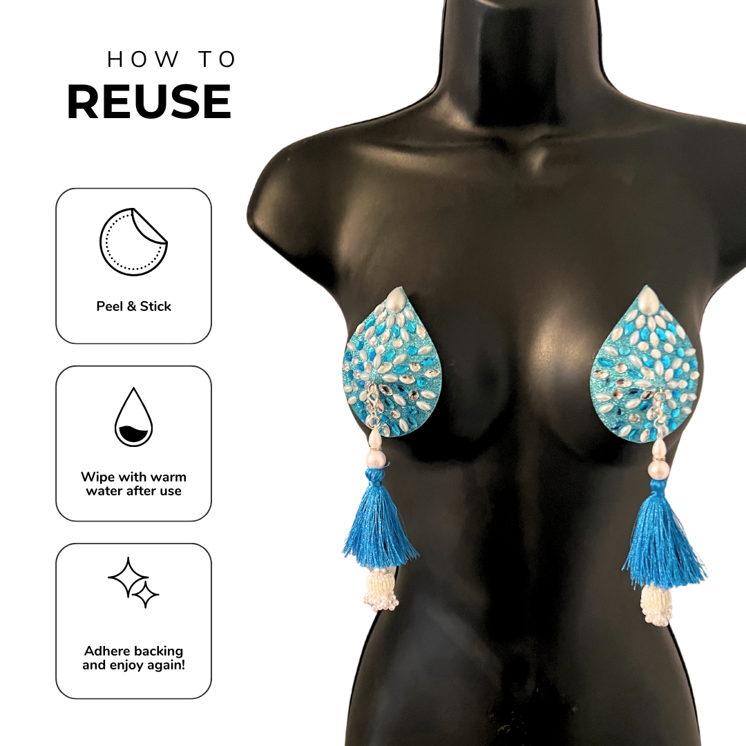 BELLA BIJOU Aqua Teardrop Gem & Pearl Nipple Pasties, Pasty (2pcs) with RemovableTassels (2pcs)