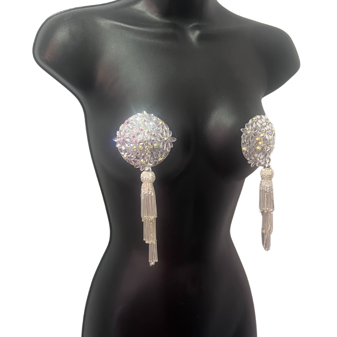 FLORAL FANTASY Pink Gems and AB Gems Nipple Pasty, Covers (2pcs) with Hand beaded Beaded Removable Chandelier Tassels