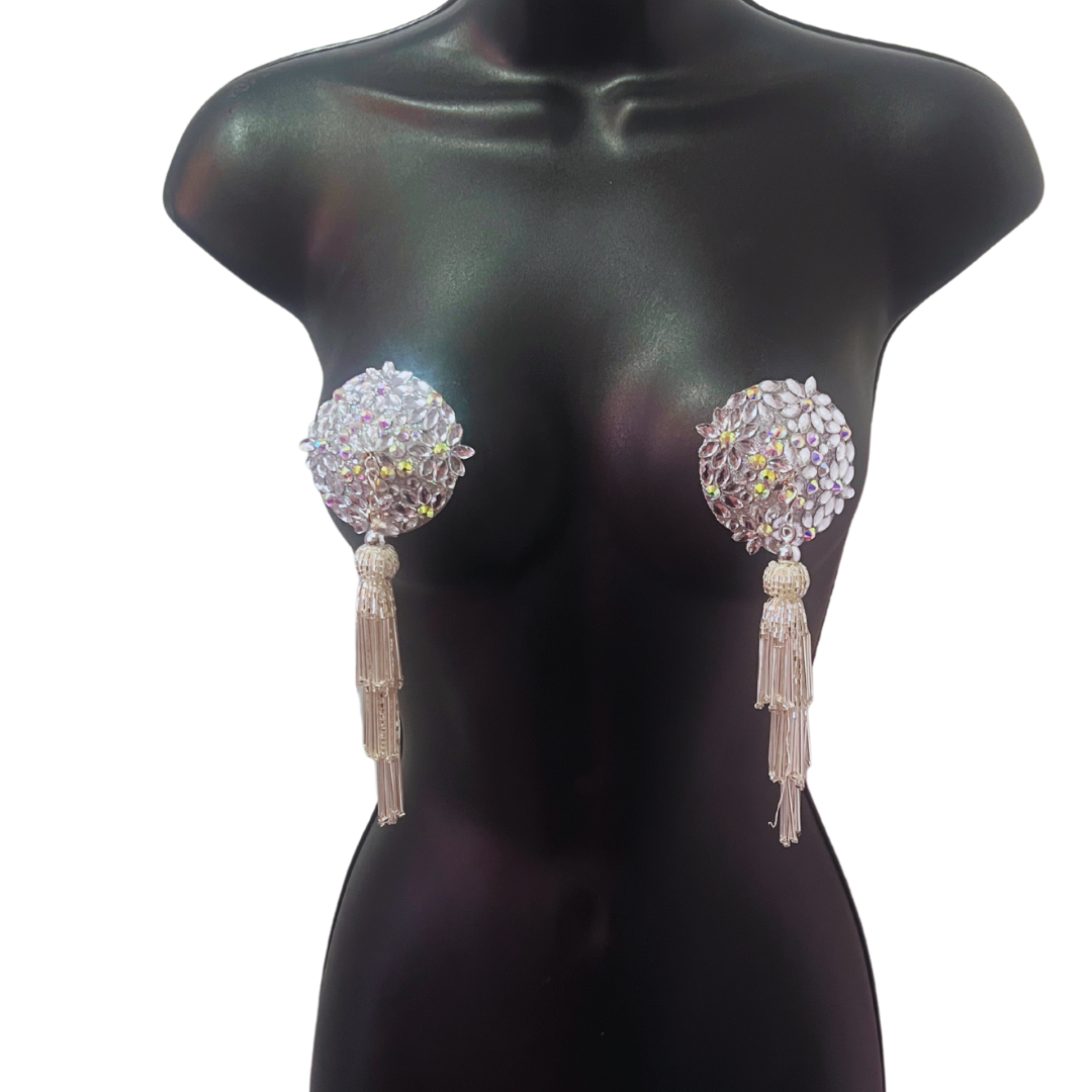 FLORAL FANTASY Silver Gems and AB Gems Nipple Pasty, Covers (2pcs) with Hand beaded Beaded Removable Chandelier Tassels