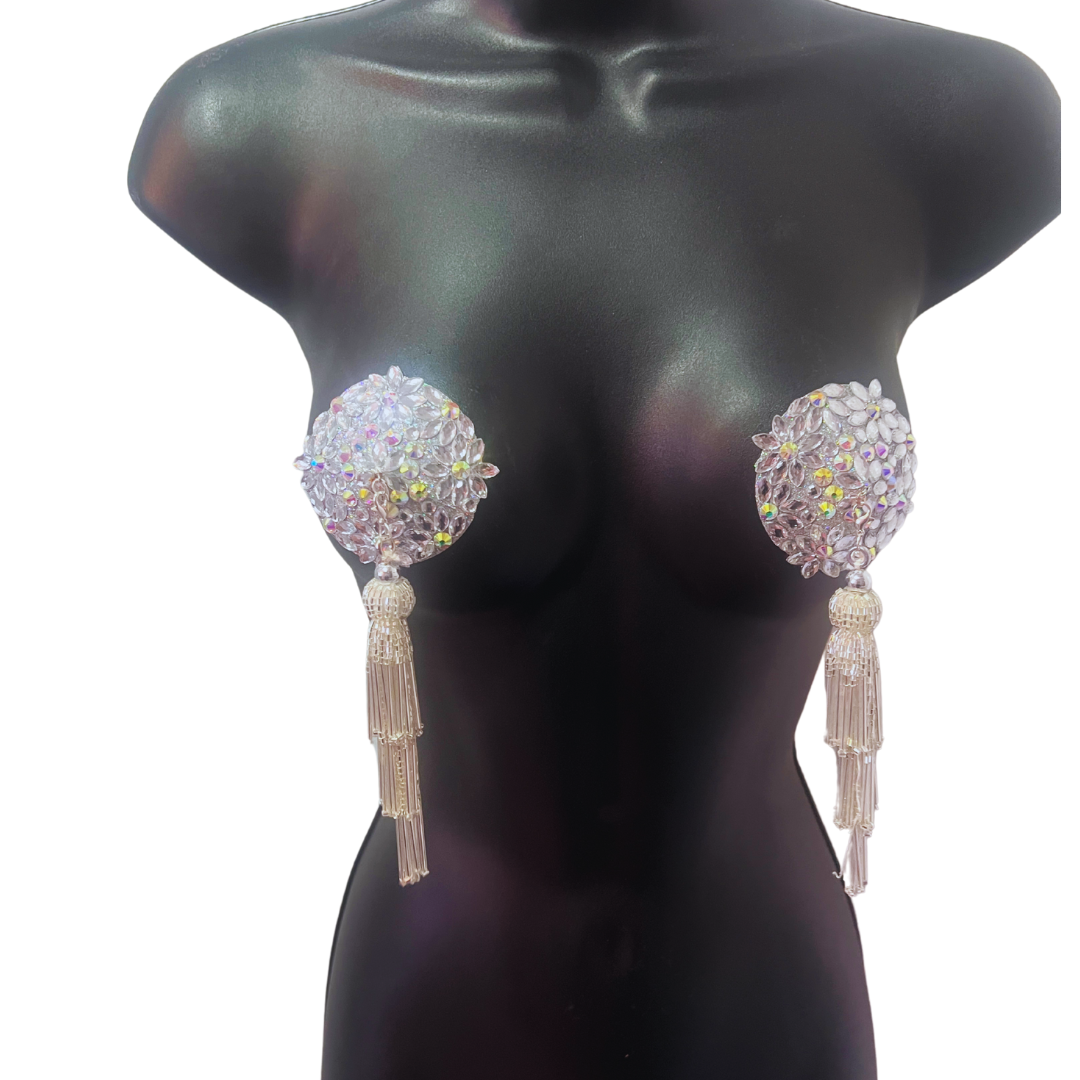 FLORAL FANTASY Silver Gems and AB Gems Nipple Pasty, Covers (2pcs) with Hand beaded Beaded Removable Chandelier Tassels