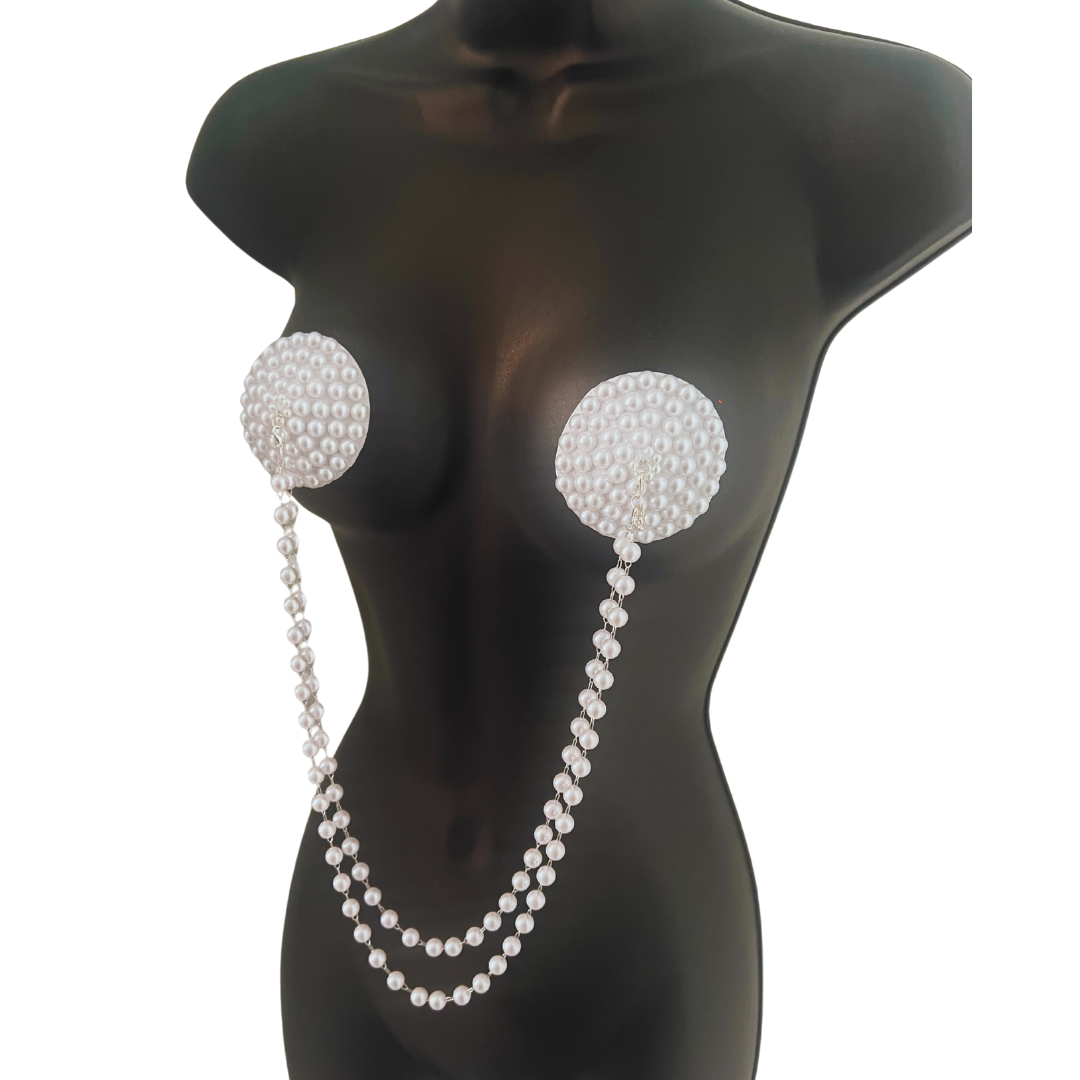 COCO L'AMOUR White Pearl Nipple Pasties, Covers (3 PCS) with Removable Pearl Chain