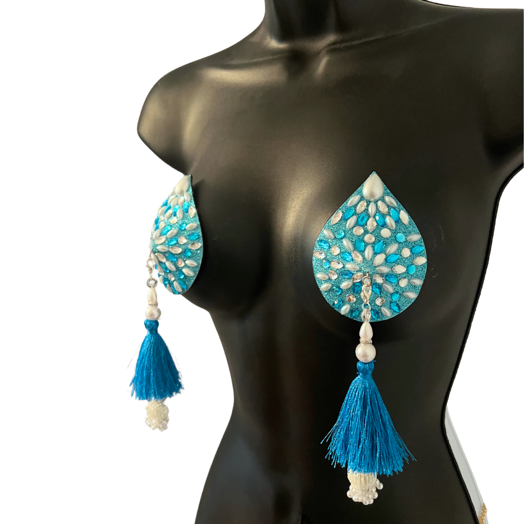 BELLA BIJOU Aqua Teardrop Gem & Pearl Nipple Pasties, Pasty (2pcs) with RemovableTassels (2pcs)