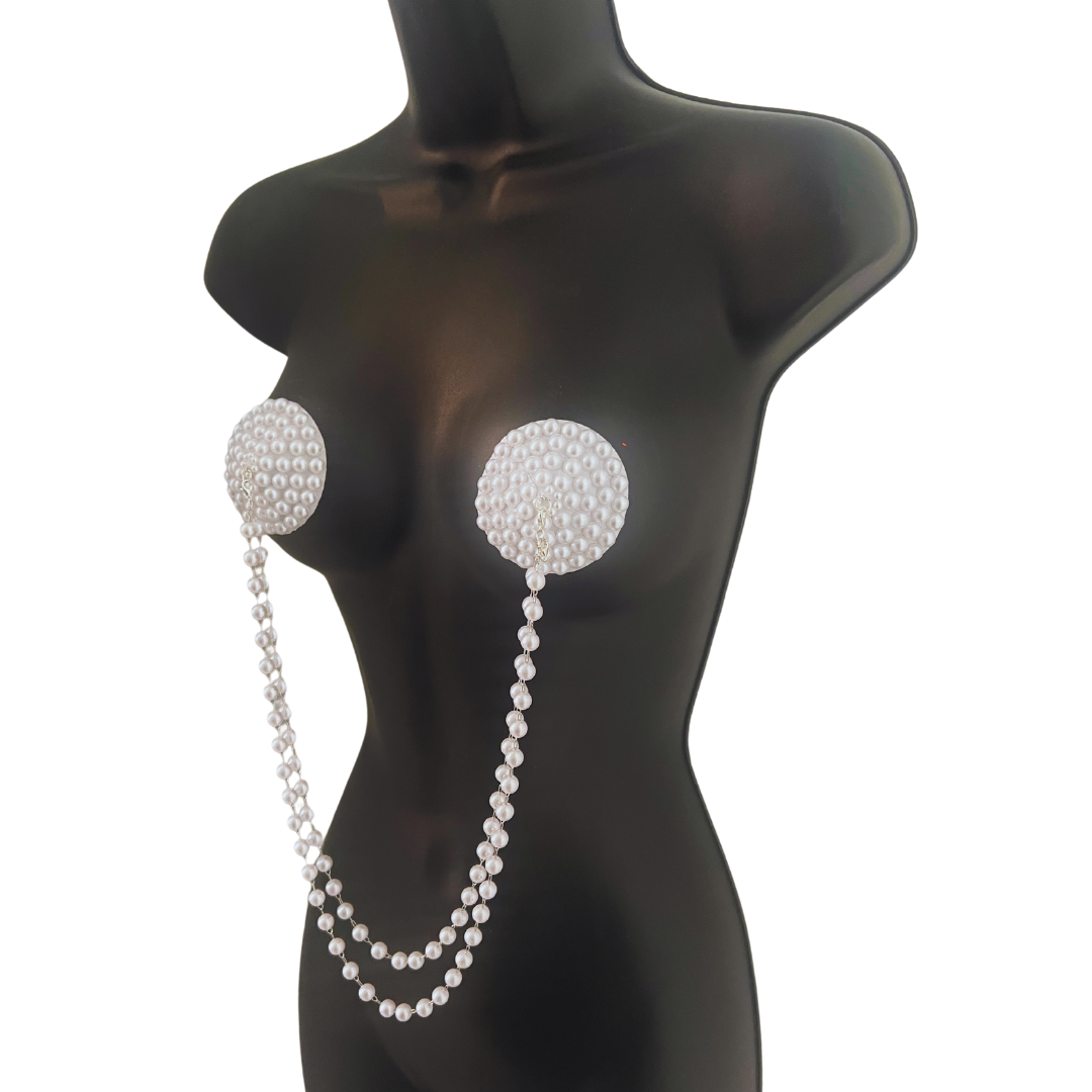 COCO L'AMOUR White Pearl Nipple Pasties, Covers (3 PCS) with Removable Pearl Chain