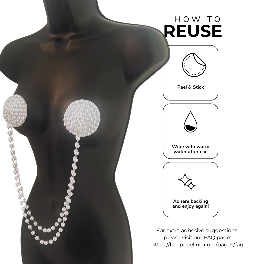 COCO L'AMOUR White Pearl Nipple Pasties, Covers (3 PCS) with Removable Pearl Chain