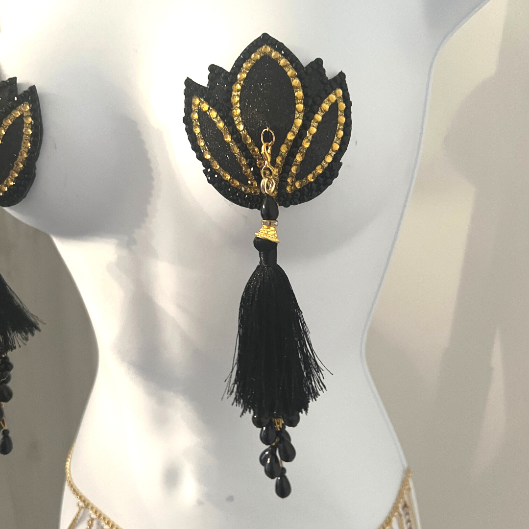 LOLITAS LUST Black and Gold Lotus Design Glitter & Gem, Nipple Cover (2pcs) Pasties w/Removable Tassels for Lingerie Carnival Burlesque Rave