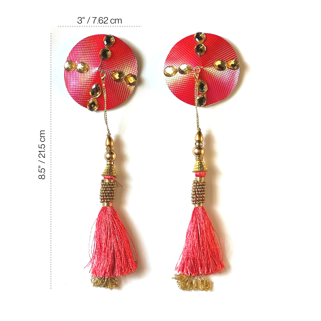 BELLINI Peachy Pink Shimmer Leather-like, Nipple Cover (2pcs) Pasties with Gold Gems and Beaded Tassels for Lingerie Carnival Burlesque Rave
