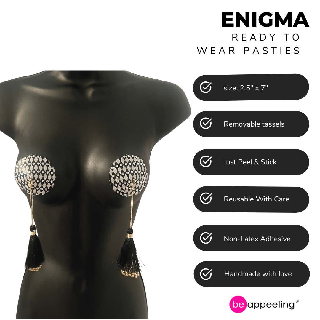 ENIGMA Black & Silver Nipple Pasty, Nipple Cover (2pcs) with Removable Tassels for Lingerie Carnival Burlesque Rave