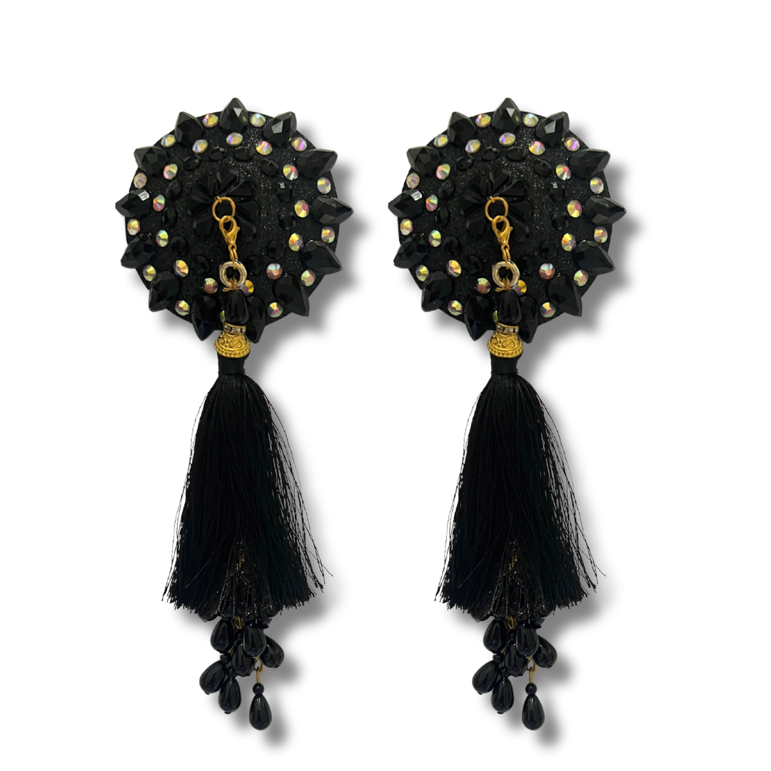 POUSSÉ CAFÉ Pâte à tétons noir et cristal, cache-tétons (2 pièces) avec pompons en perles pour festivals de lingerie, carnaval, rave burlesque