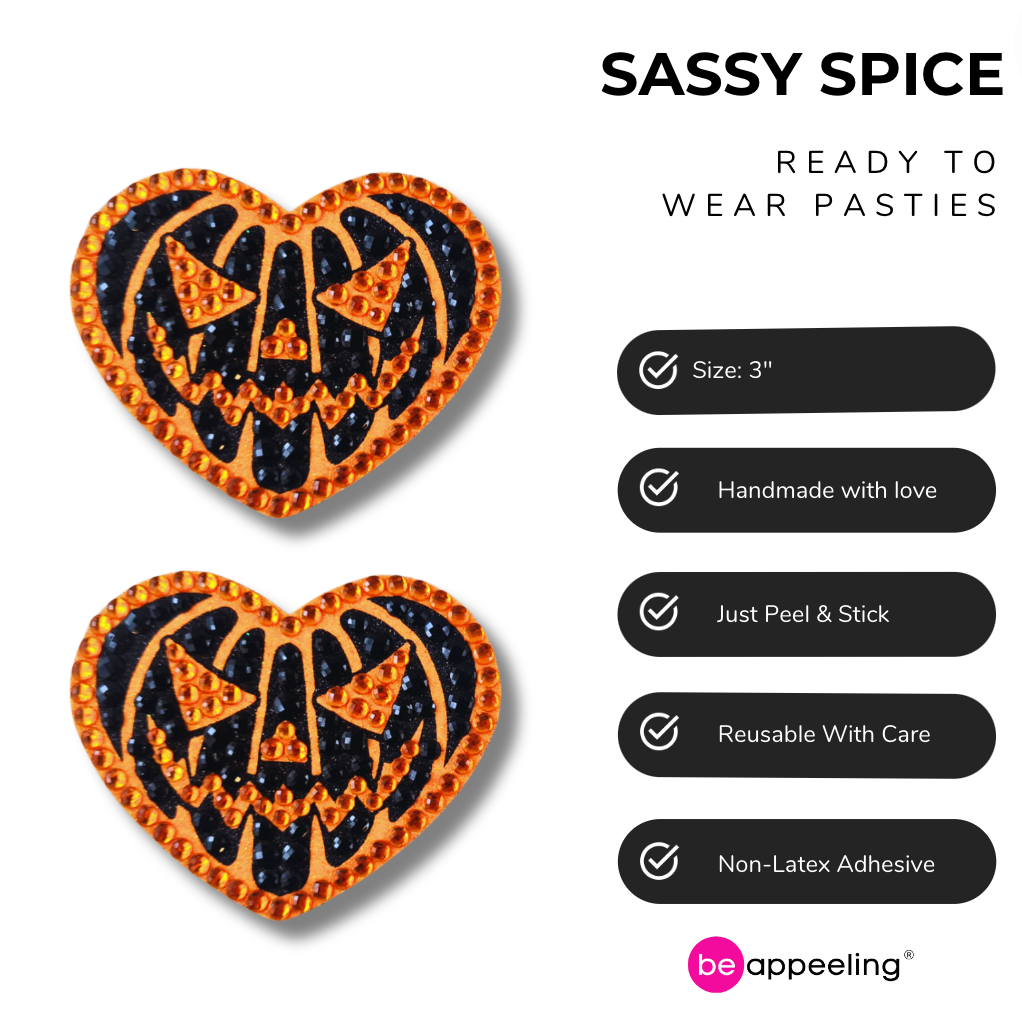 SASSY SPICE Pumpkin Heart Nipple Pasties, Covers (2pcs) in Orange and Black Glitter and Gems