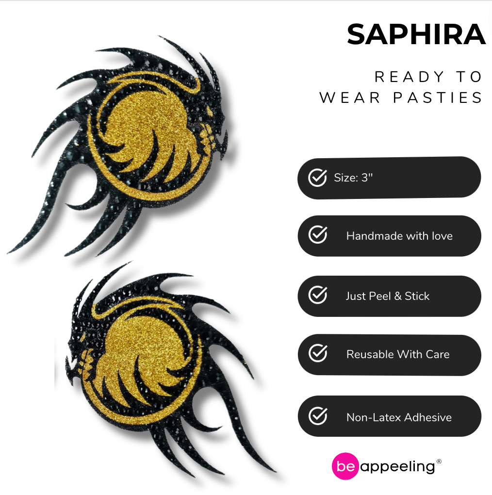 SAPHIRA Black and Gold Dragon Nipple Pasties, Covers (2pcs) iGlitter and Gems