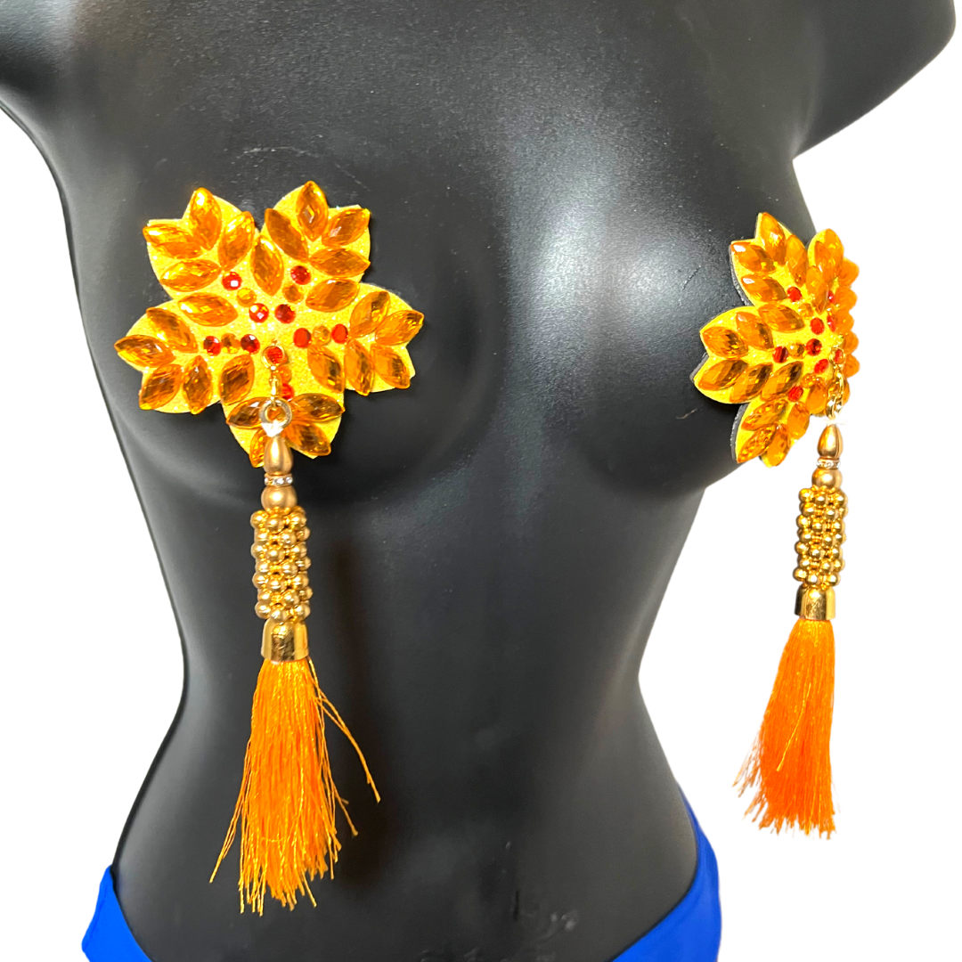 GOLDIE SWAN Yellow Flower Nipple Pasty, Nipple Cover (2pcs) avec des glands perlés jaunes et dorés pour lingerie Carnival Burlesque Rave