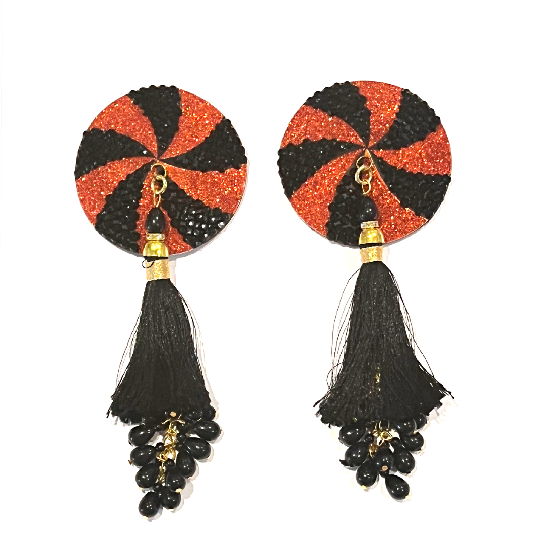 RAVEN Pasties de pezones intrincados negros y naranjas, cubiertas con borlas con cuentas a mano (2 piezas) para raves y festivales de lencería burlesca