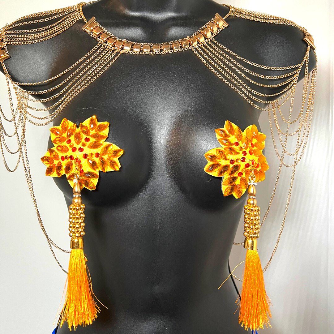 GOLDIE SWAN Yellow Flower Nipple Pasty, Nipple Cover (2pcs) avec des glands perlés jaunes et dorés pour lingerie Carnival Burlesque Rave