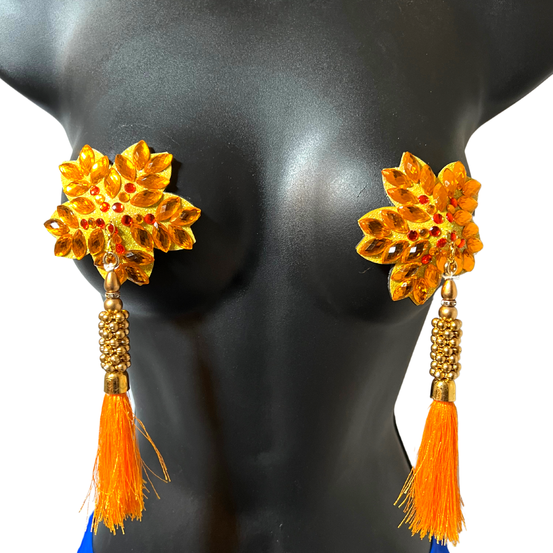 GOLDIE SWAN Yellow Flower Nipple Pasty, Nipple Cover (2pcs) avec des glands perlés jaunes et dorés pour lingerie Carnival Burlesque Rave