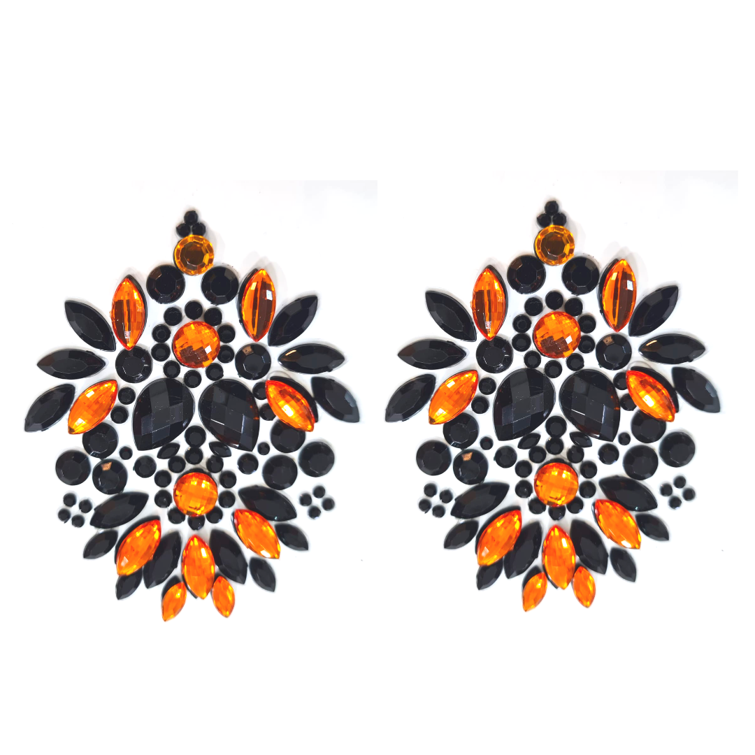 SABRINA Black &amp; Orange Gem Complex Nipple Pasties, Covers (2pcs) pour les raves et festivals de lingerie burlesque