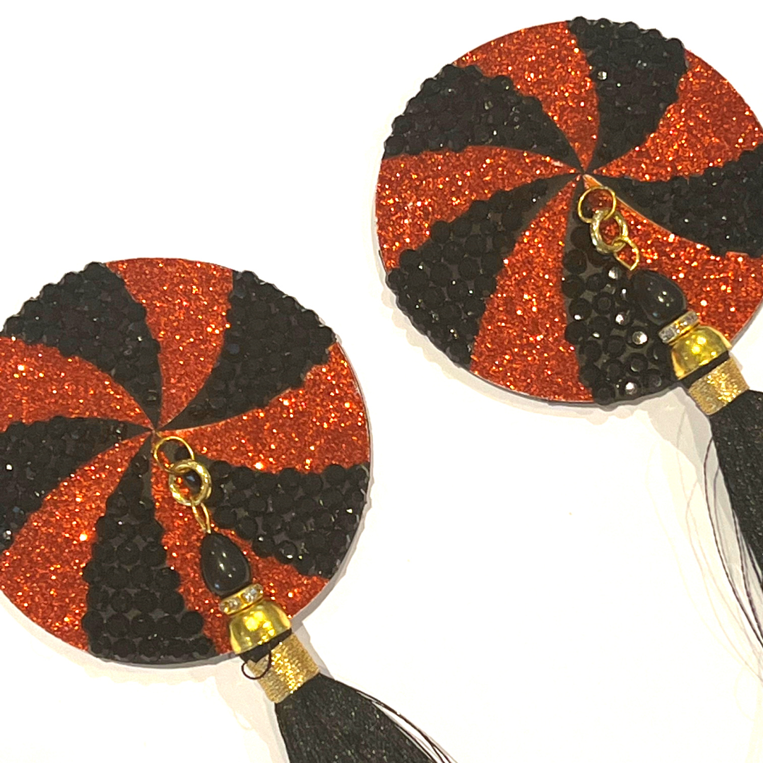 RAVEN Black &amp; Orange Complexe Nipple Pasties, Couvertures avec glands perlés à la main (2pcs) pour Burlesque Raves Lingerie Raves et Festivals