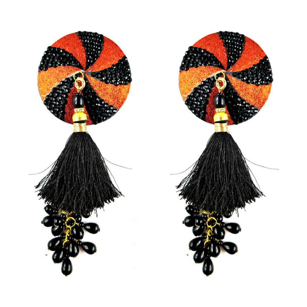 RAVEN Black & Orange Intricate Nipple Pasties, Covers with Hand Beaded Tassels (2pcs) for Burlesque Raves Lingerie Raves and Festivals