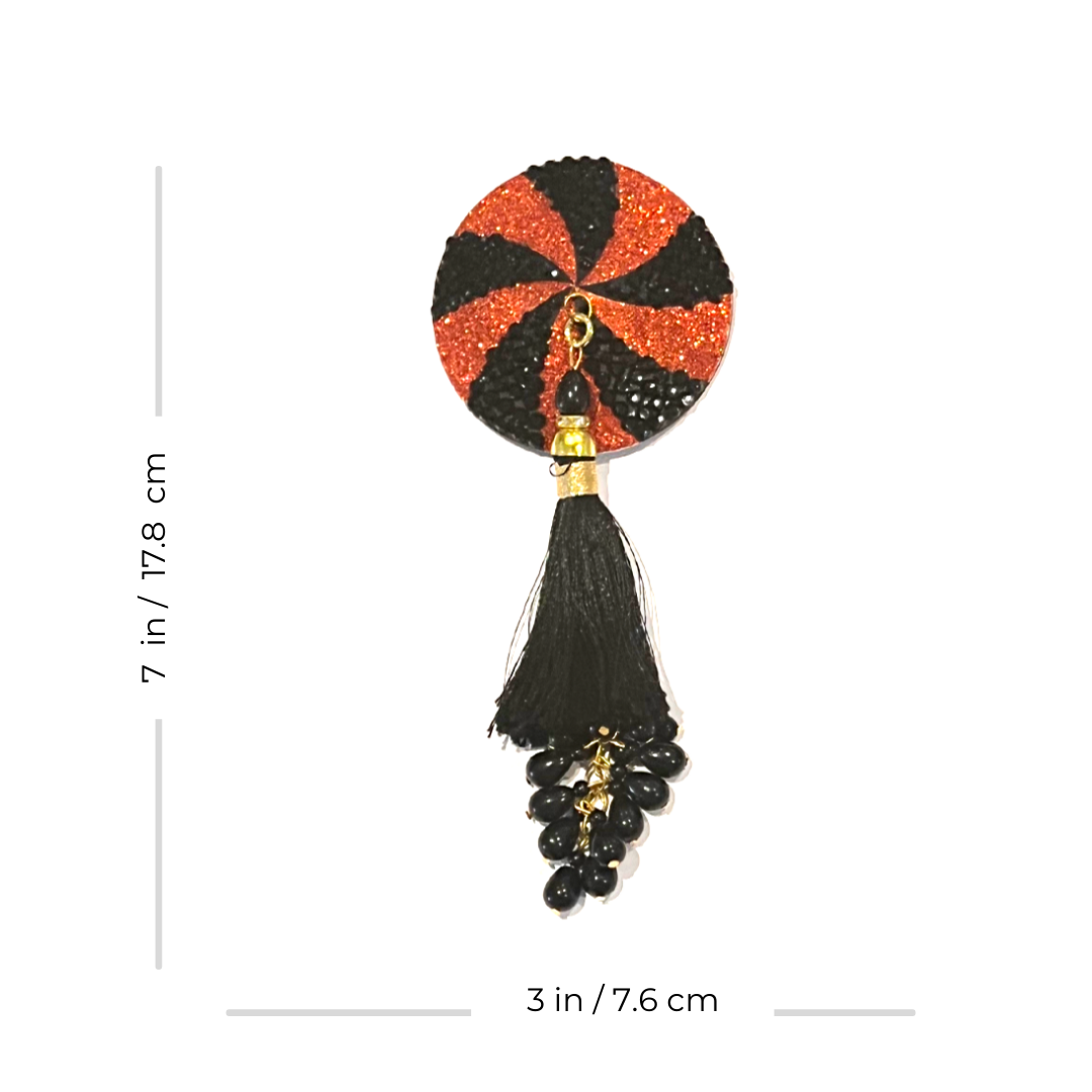 RAVEN Black & Orange Intricate Nipple Pasties, Covers with Hand Beaded Tassels (2pcs) for Burlesque Raves Lingerie Raves and Festivals