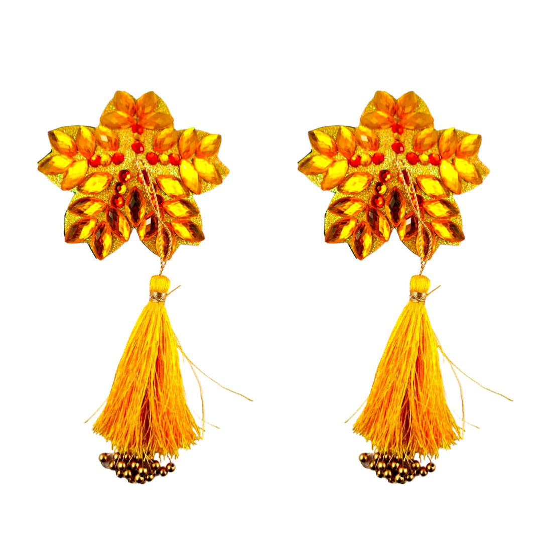 MARY GOLD Yellow Flower Nipple Pasty, Nipple Cover (2pcs) avec glands perlés jaunes et dorés pour lingerie Carnival Burlesque Rave