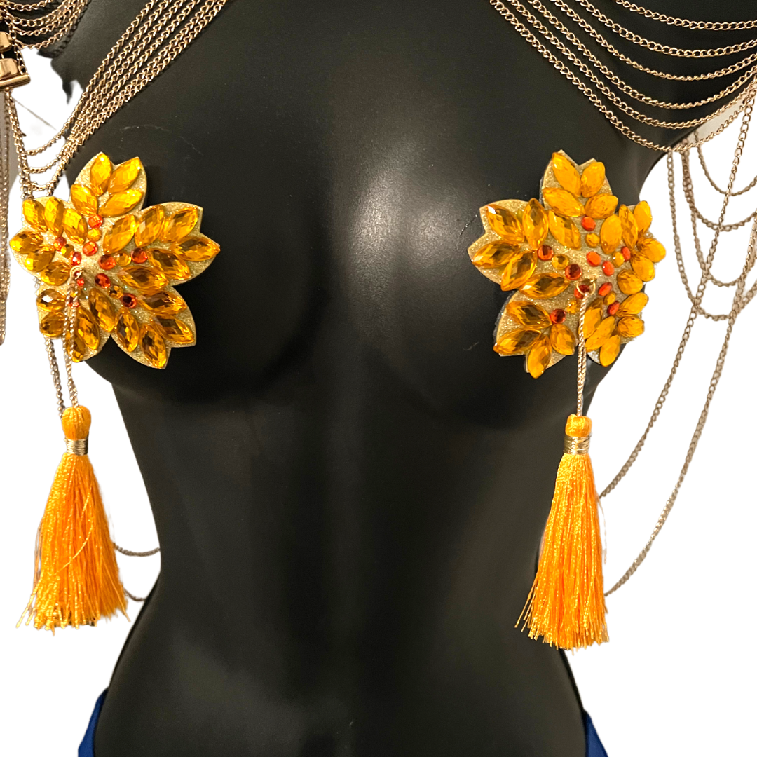 MARY GOLD Yellow Flower Nipple Pasty, Nipple Cover (2pcs) avec glands perlés jaunes et dorés pour lingerie Carnival Burlesque Rave