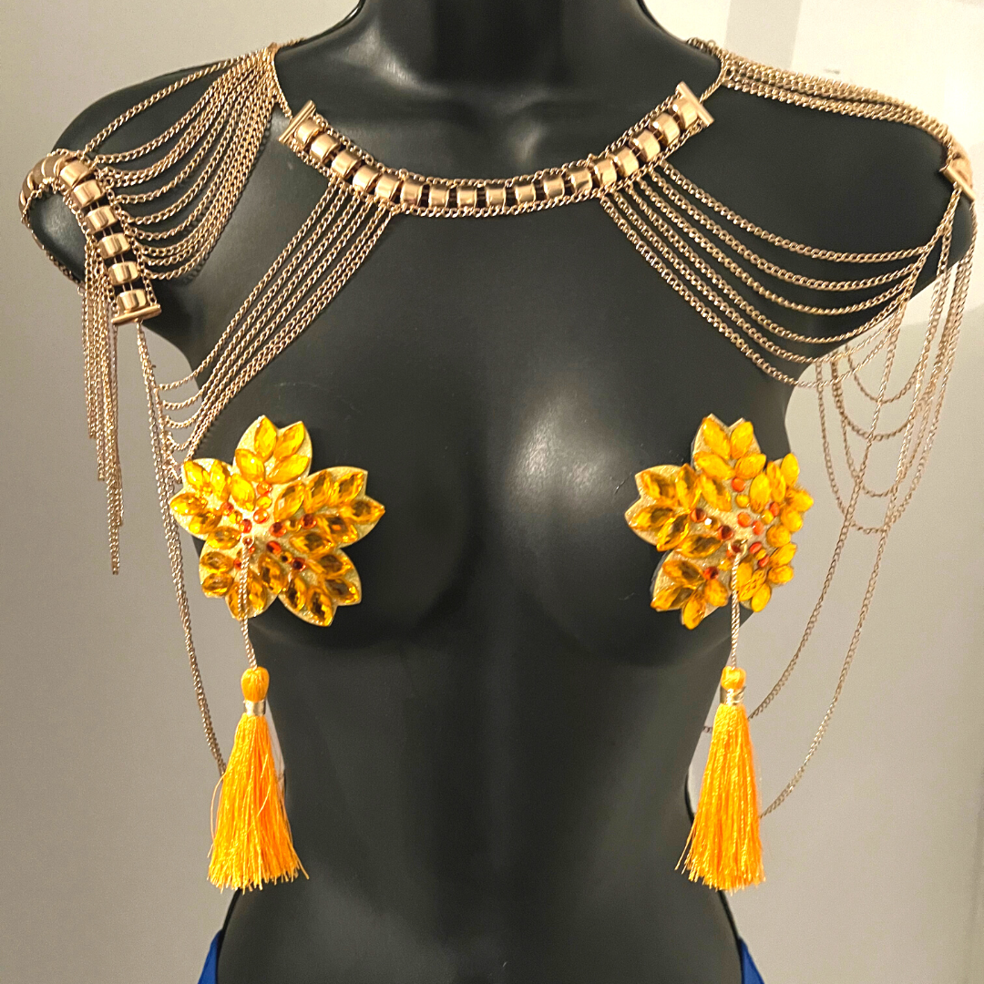 MARY GOLD Yellow Flower Nipple Pasty, Nipple Cover (2pcs) avec glands perlés jaunes et dorés pour lingerie Carnival Burlesque Rave