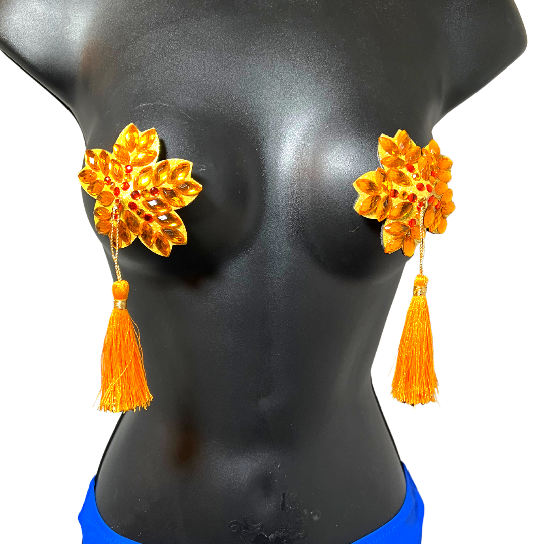 MARY GOLD Yellow Flower Nipple Pasty, Nipple Cover (2pcs) avec glands perlés jaunes et dorés pour lingerie Carnival Burlesque Rave