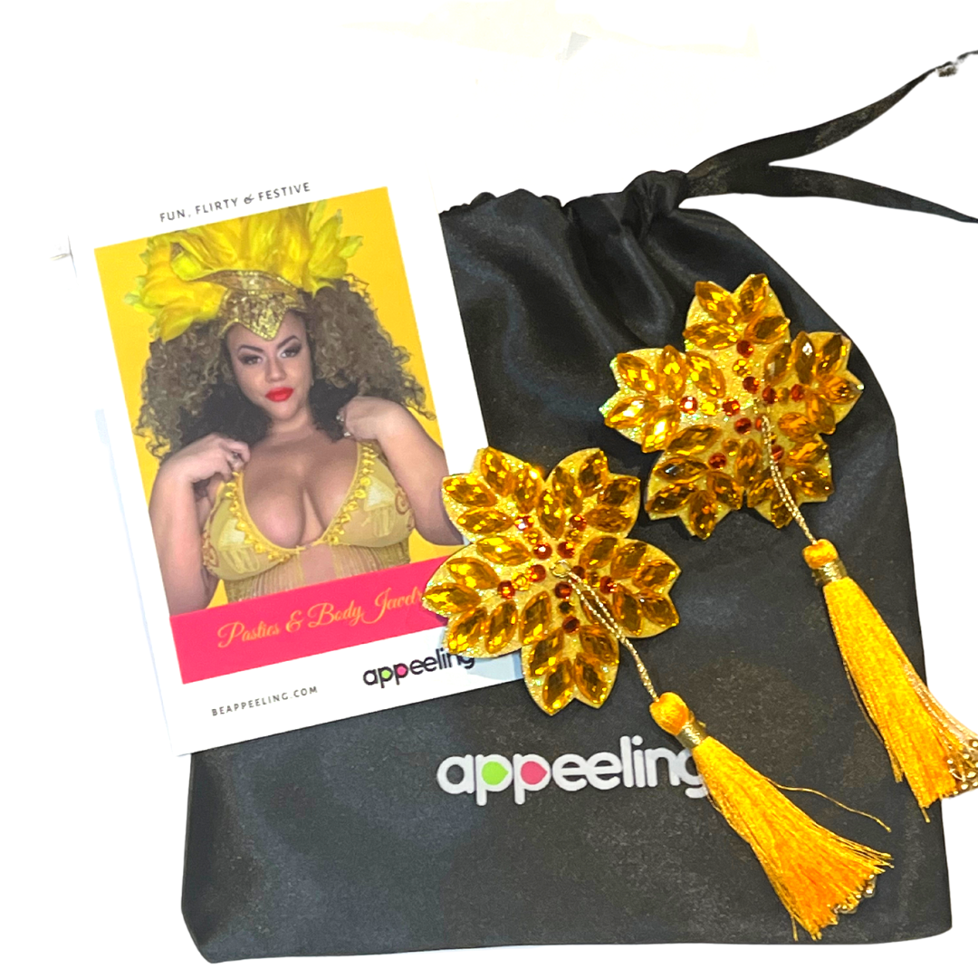 MARY GOLD Yellow Flower Nipple Pasty, Nipple Cover (2pcs) avec glands perlés jaunes et dorés pour lingerie Carnival Burlesque Rave