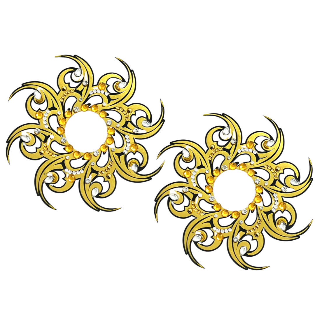 GOLD MINE - Cache-tétons tourbillonnants dorés pailletés (2 pcs) Couvre-tétons pour festivals, carnaval, Raves Burlesque Lingerie