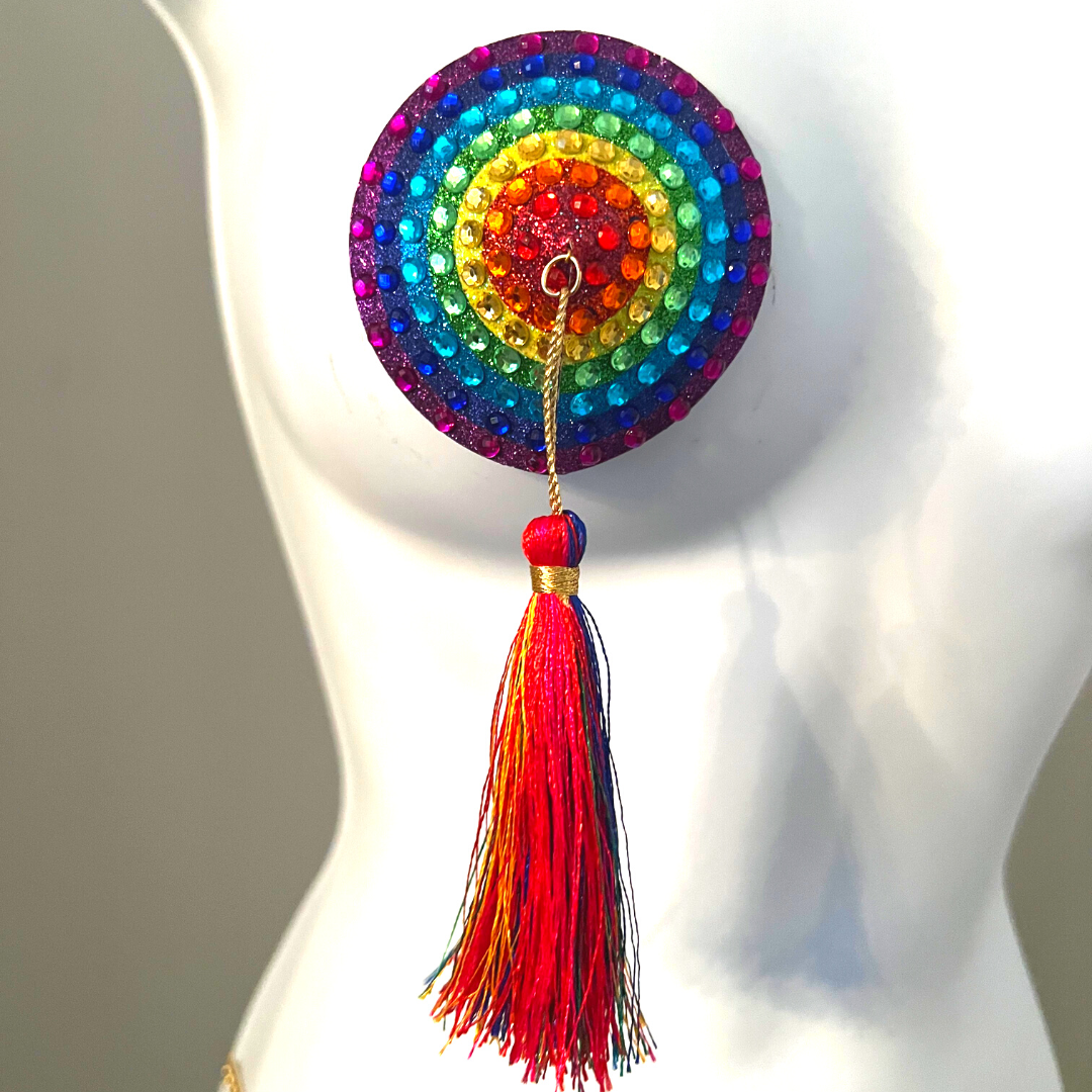 PRISCILLA Rainbow Pride Nipple Pasty, Couvre-tétons (2pcs) avec pompons multicolores pour Lingerie Pride Carnival Burlesque Rave