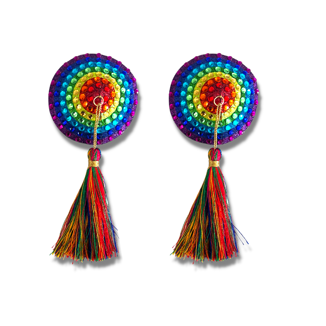 PRISCILLA Rainbow Pride Pezones Pasty, Cubierta para pezones (2 piezas) con borlas multicolores para lencería Pride Carnival Burlesque Rave