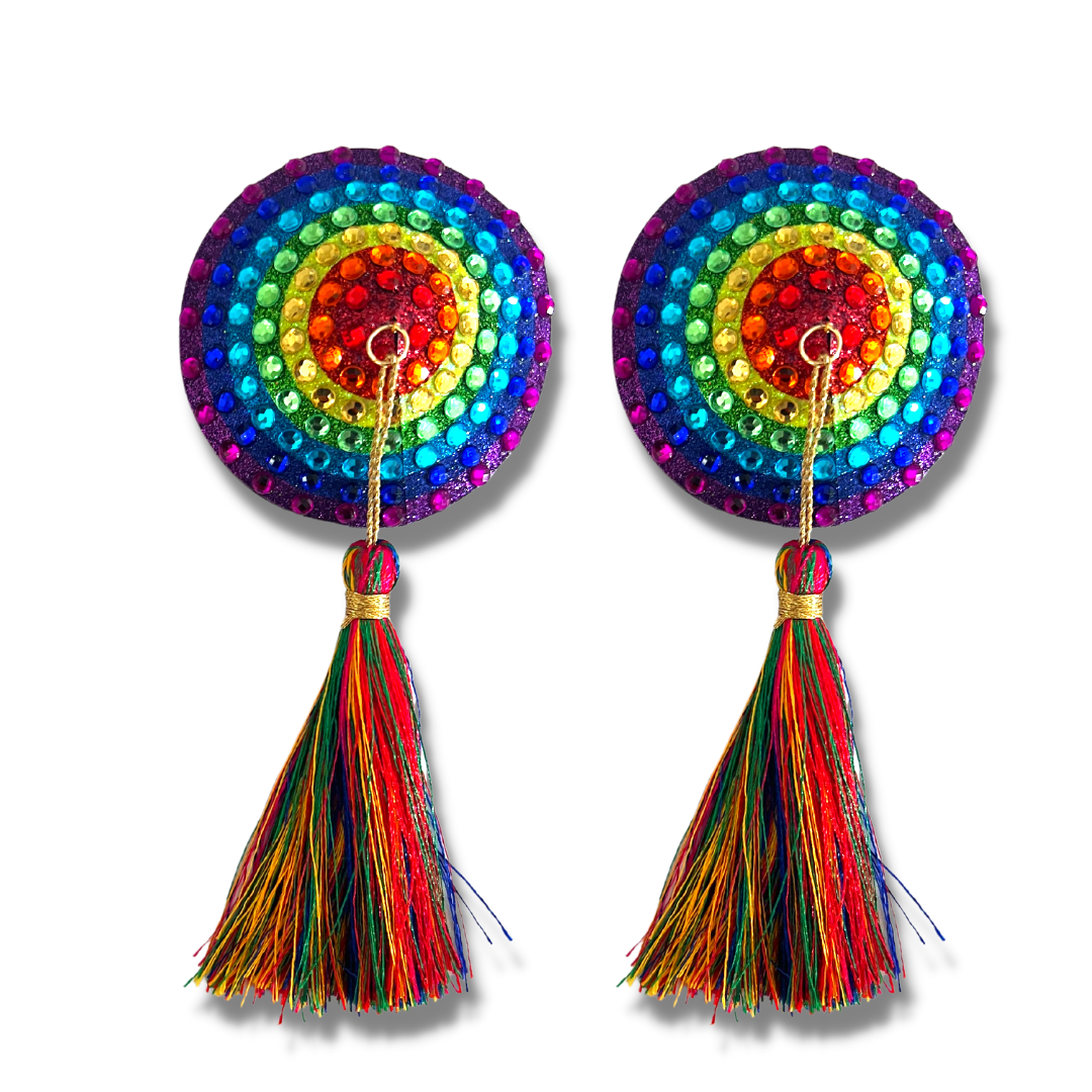 PRISCILLA Rainbow Pride Nipple Pasty, Couvre-tétons (2pcs) avec pompons multicolores pour Lingerie Pride Carnival Burlesque Rave